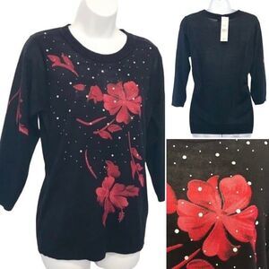 Rebecca Malone Black Bold Red Floral Cardigan Sz.S NWT Rhinstones Sz. S